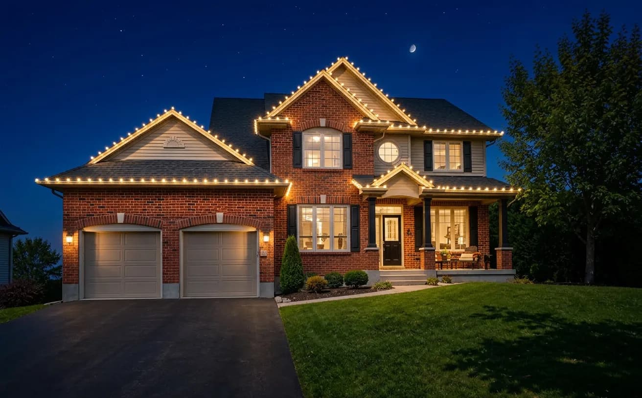 A LightIQ preview of a real home outlined in warm white holiday lights